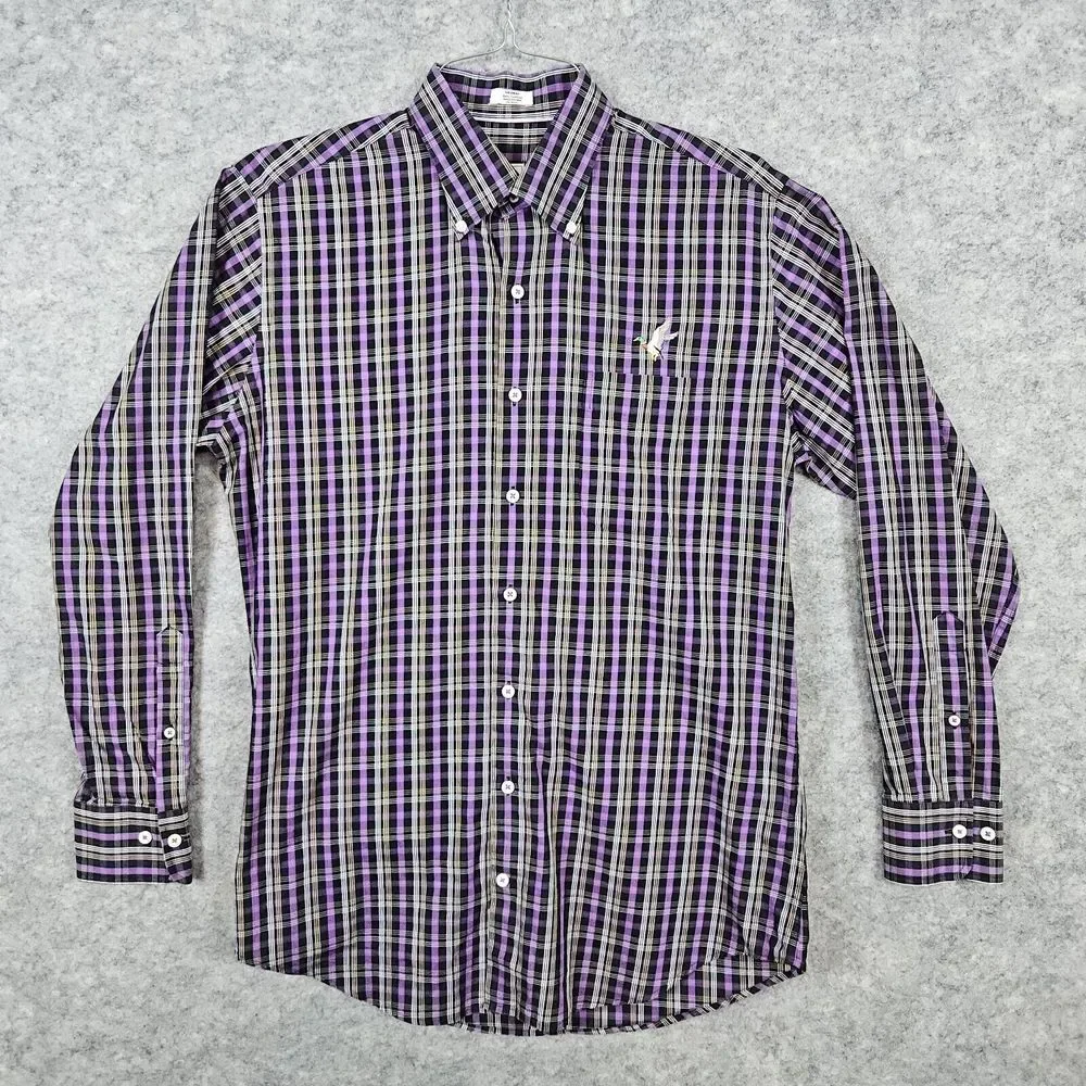 Peter Millar Men's Dress Shirt Size Medium Embroidered Duck Purple & Gray Plaid